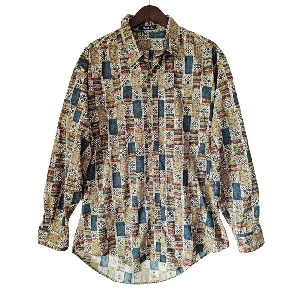 CHAPS Ralph Lauren Vintage Geometric Patchwork Cotton Button Down Shirt Men's XL
